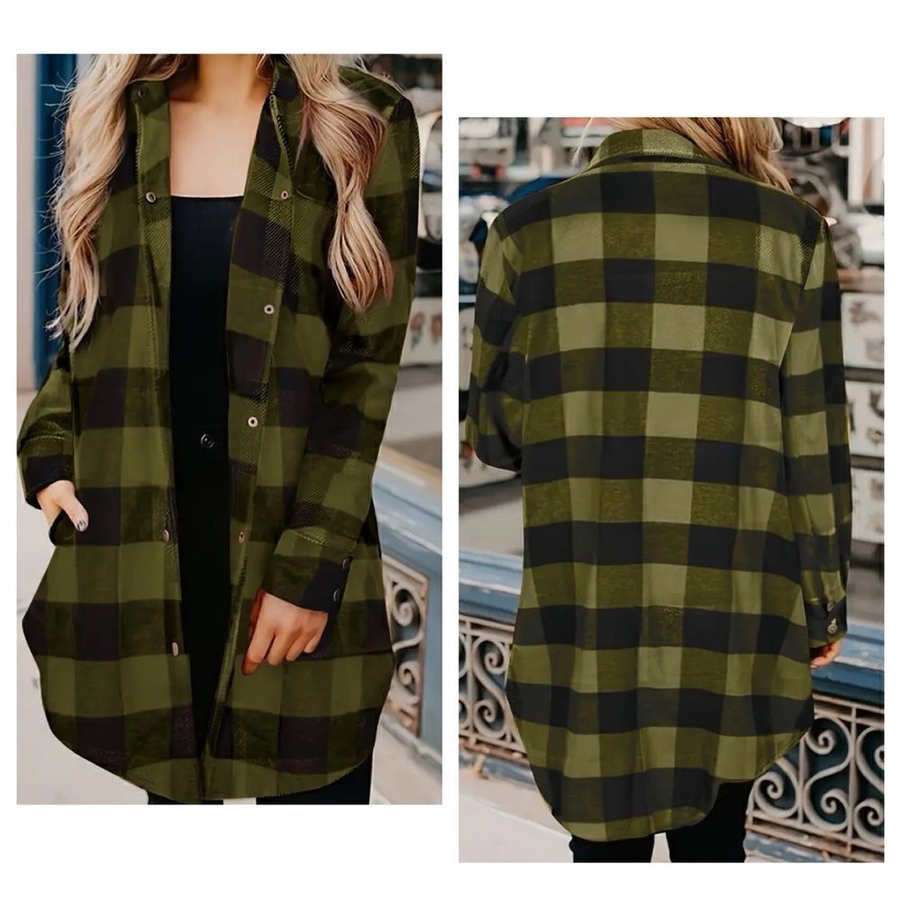 Plaid Button-Up Tunic Shirt with Pockets - Green and Black
